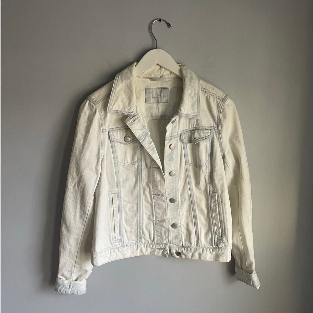 Loft Bleached White Denim Jacket Festival Boho Preppy size Small Coastal Beachy